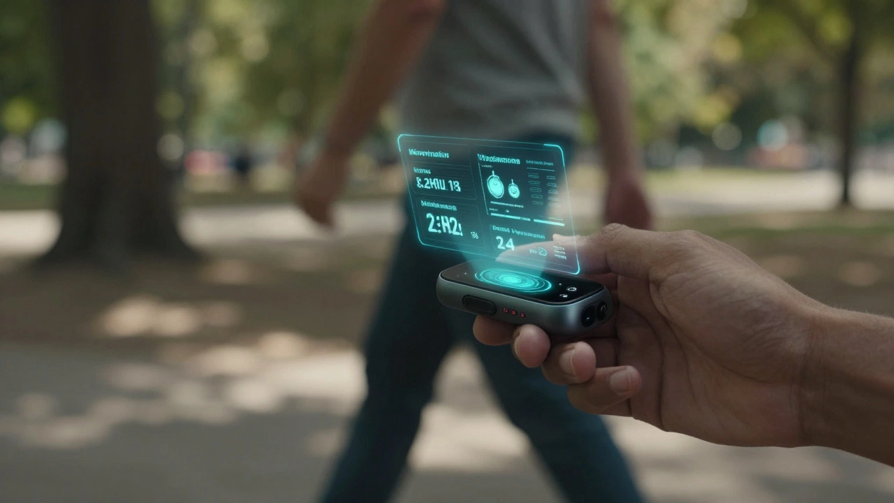 Ruka s wearable zařízením zobrazujícím biologická data, osoba prochází parkem za světla.