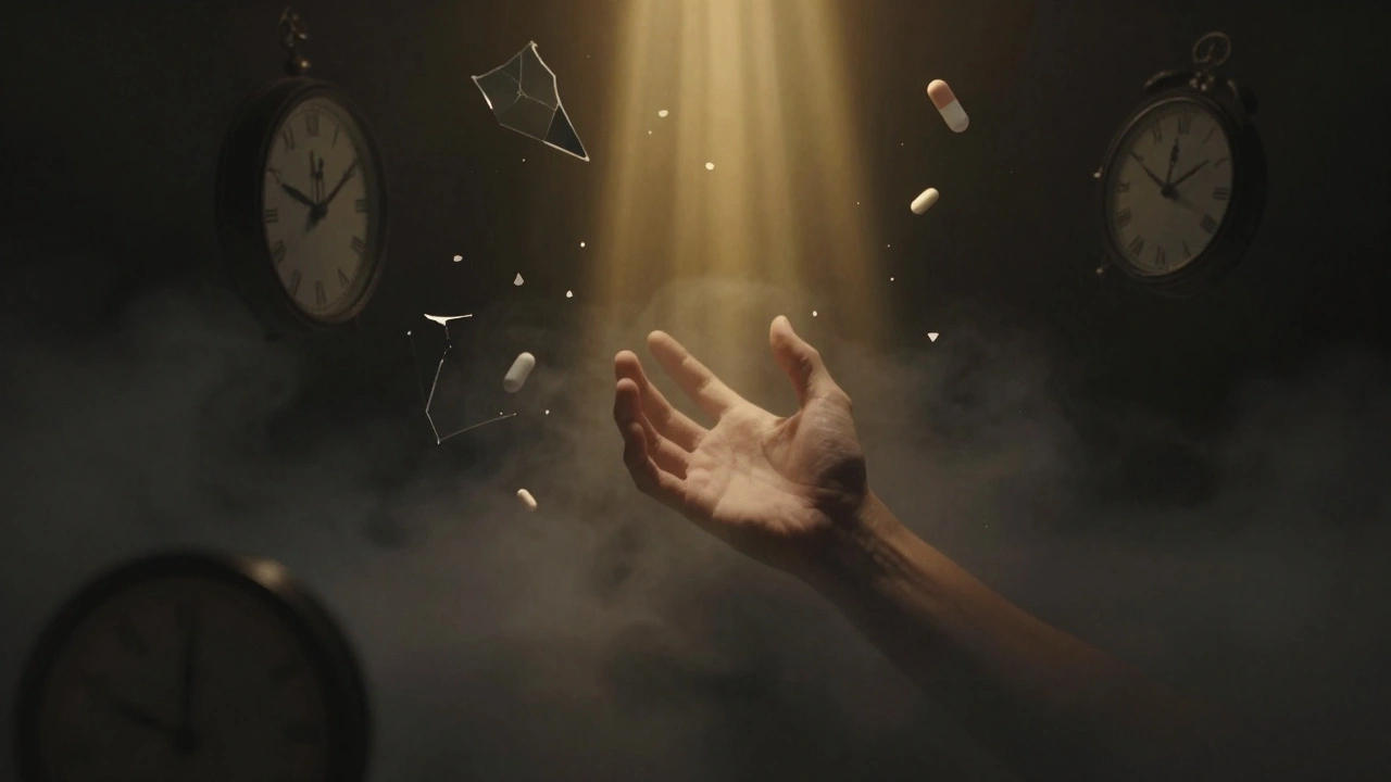 Ruka se táhne z temnoty směrem k jedinému paprsku světla, symbolizující touhu po pomoci.