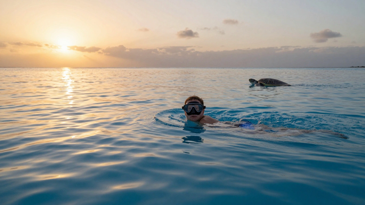 Samotný plavčík klidně plave nad Blue Lagoon na Kypru při západu slunce s mořskou želvou v dálce.