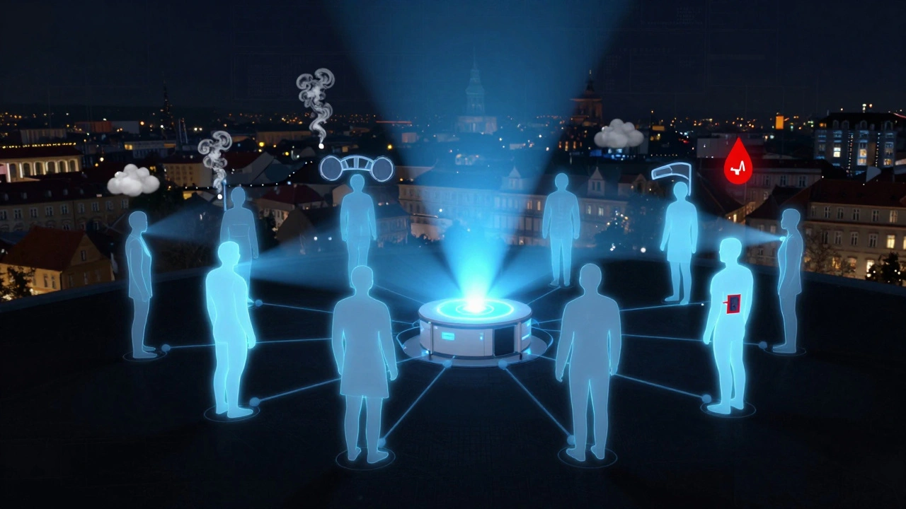 Síť lidských siluet v městě, kde jen ti s rizikem dostávají cílenou pomoc.