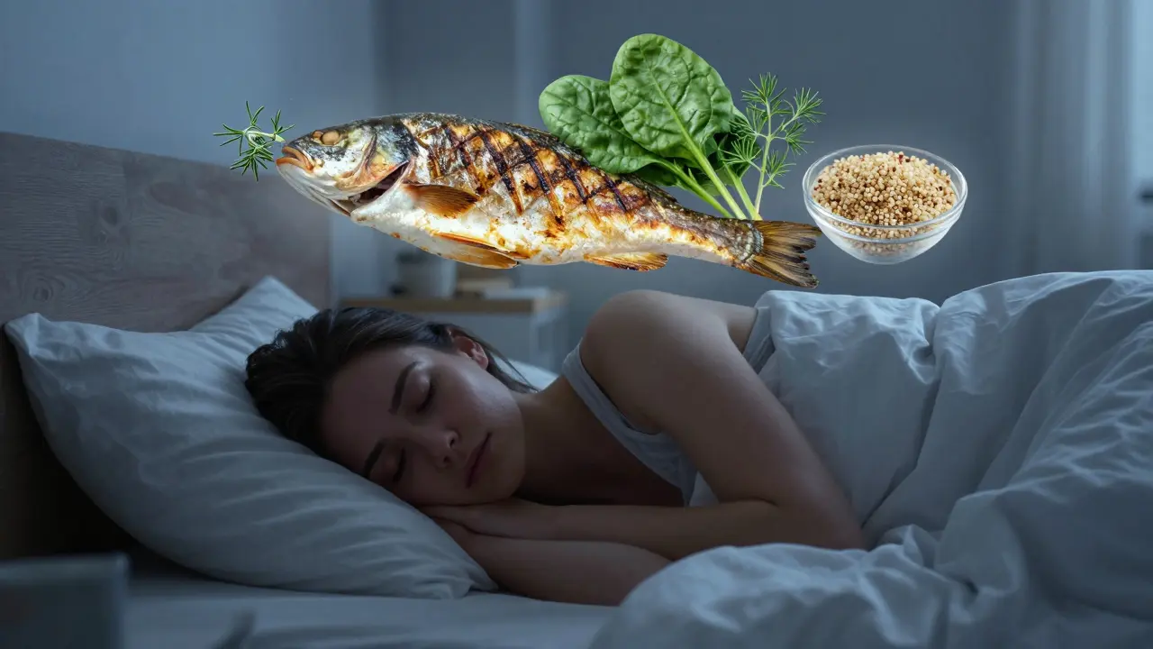 Spící člověk s průhlednými obrazy zdravé večeře nad postelí.