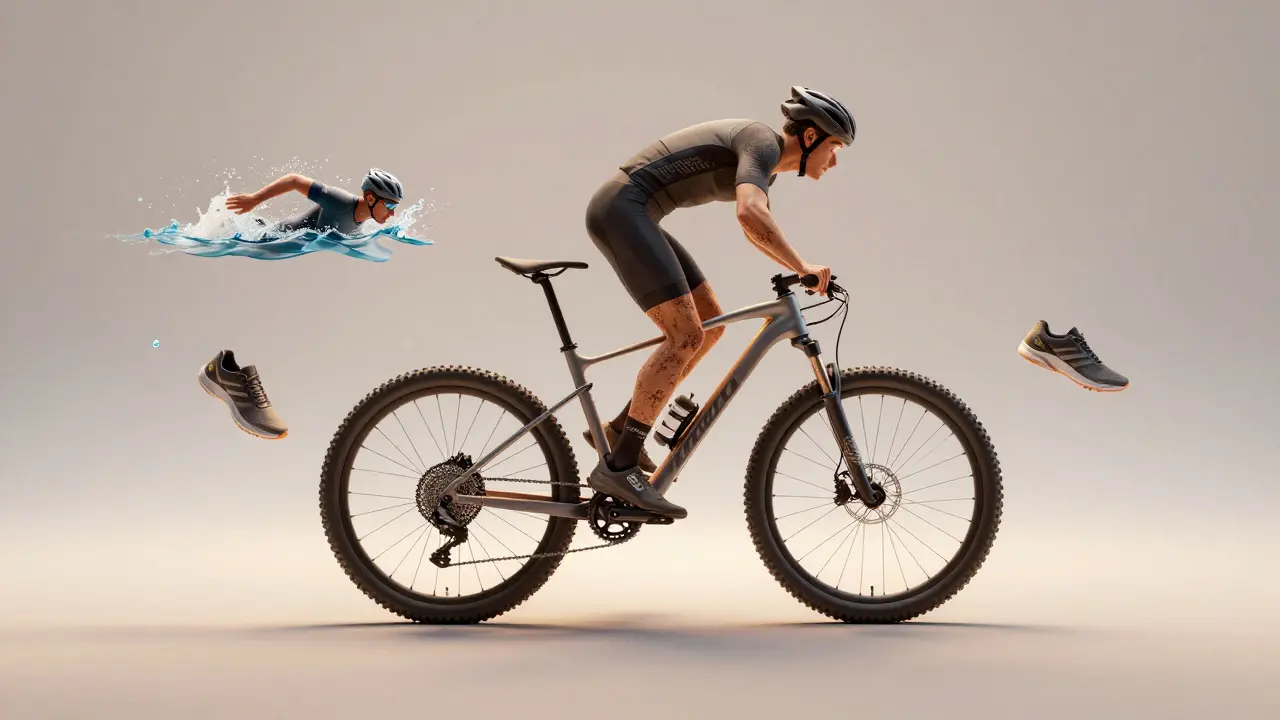 Symbolické znázornění horského kola jako univerzálního nástroje pro triatlon s prvky plavání, jízdy a běhu.