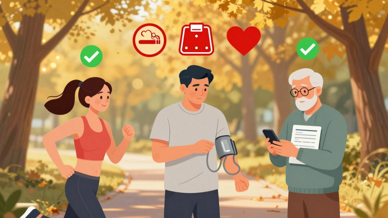 Tři lidé v parku: běžkyně, muž měřící tlak a muž s připomínkou na vyšetření.