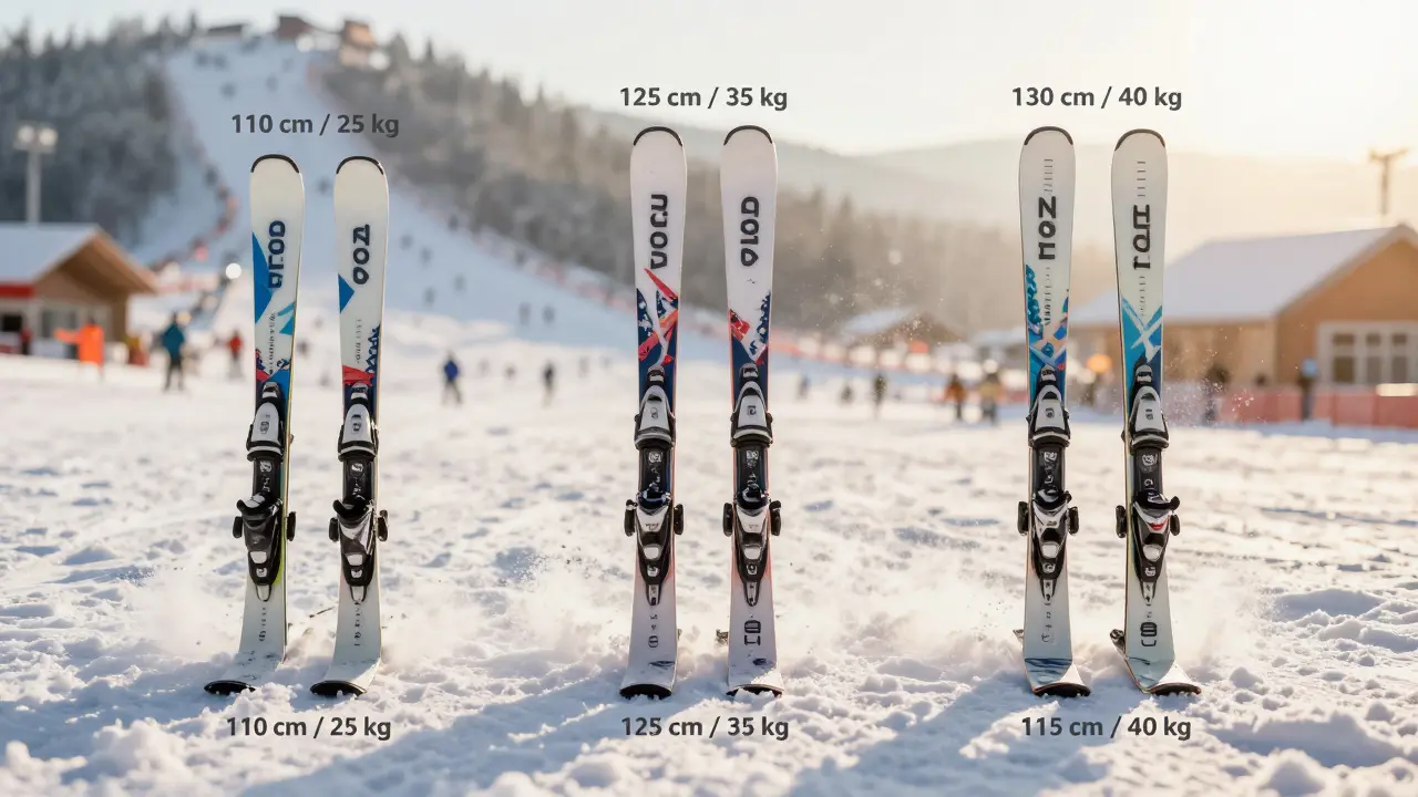 Tři páry dětských lyží označené podle výšky a hmotnosti leží na sněhu.