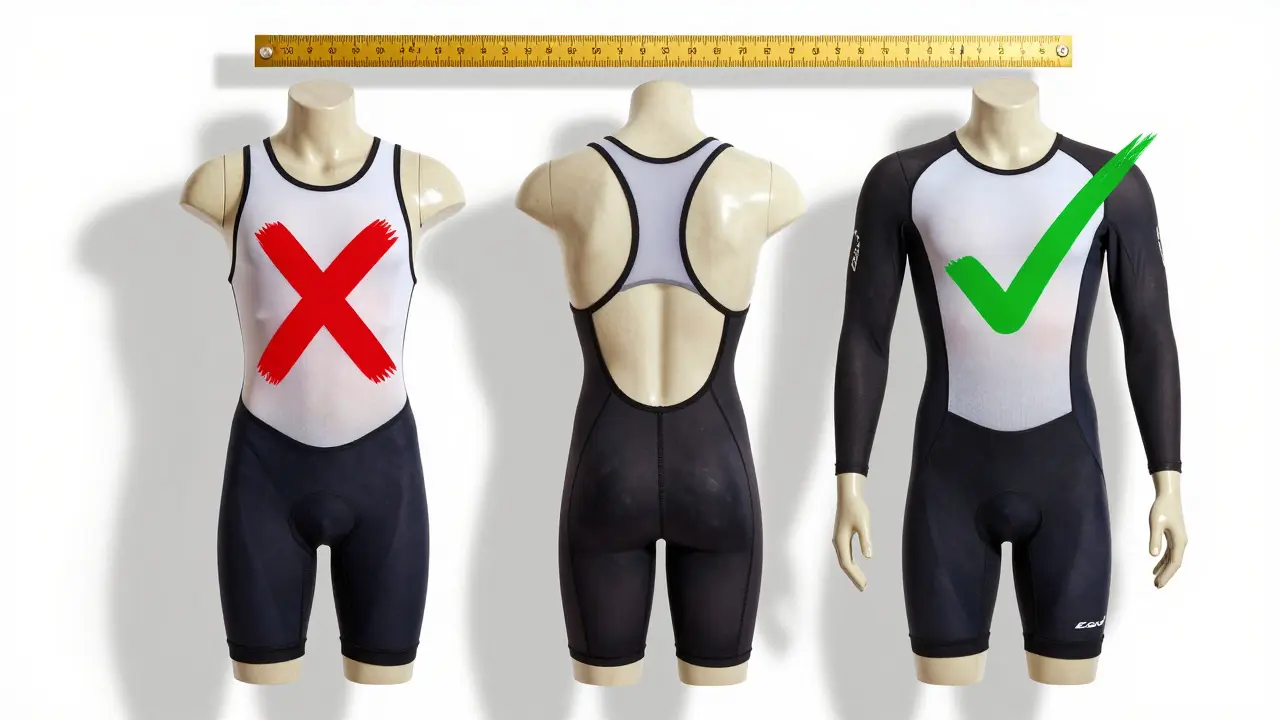 Tři triatlonové bundy s chybami v měření: příliš těsná, příliš krátká a příliš dlouhé rukávy.