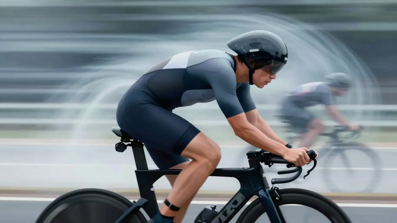 Triatlonista na kole v triatlonové bundě s perfektně pokrytými zády a pažemi.