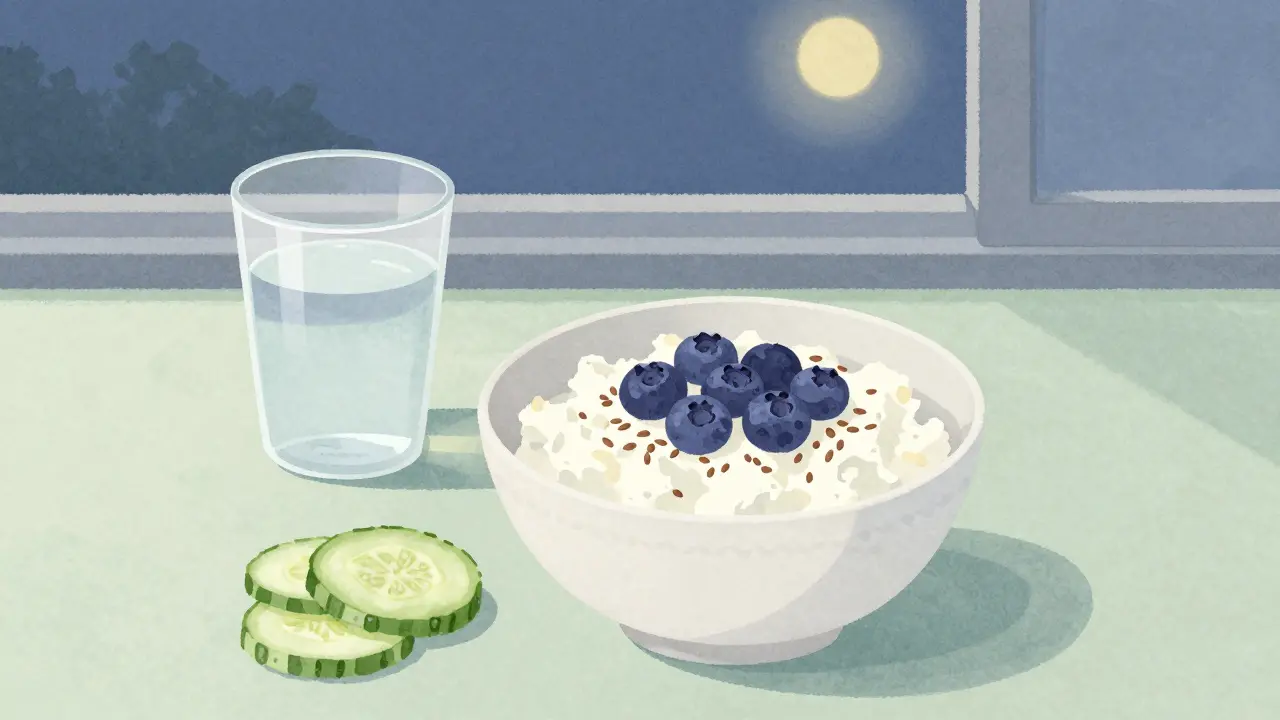 Tvaroh s borůvkami a lněnými semínky na míse s okurkou.