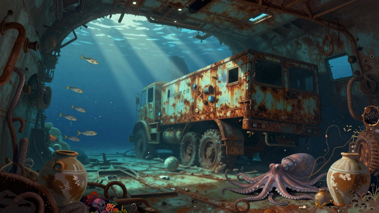 Zaniklá loď MS Zenobia v hlubokém moři s nákladem aut a chobotnicemi v temném vodním prostředí.