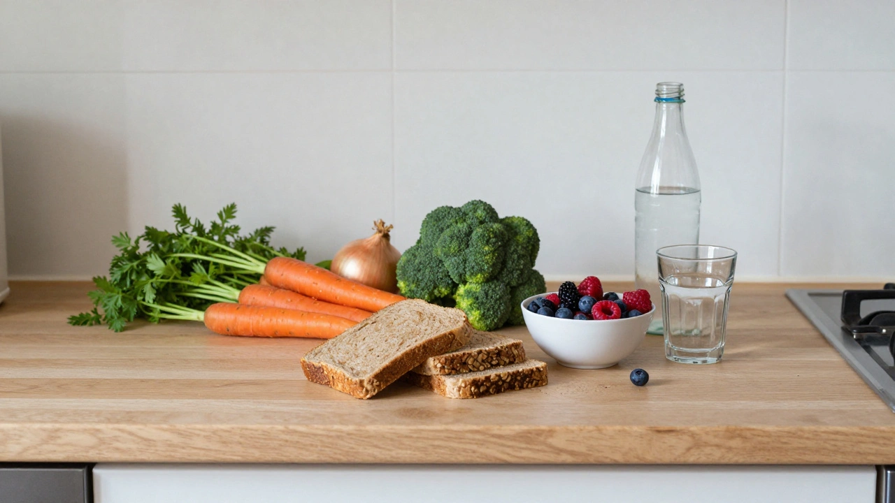 Zdravá strava na kuchyňském stole s celozrnným chlebem a zeleninou
