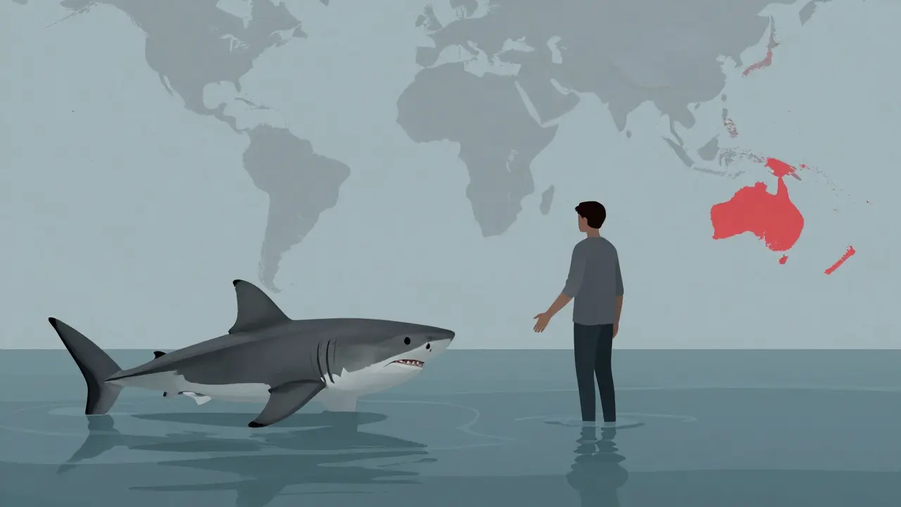 Člověk klidně čelí žraloku v moři, zatímco žralok přemýšlí, zda útočit.