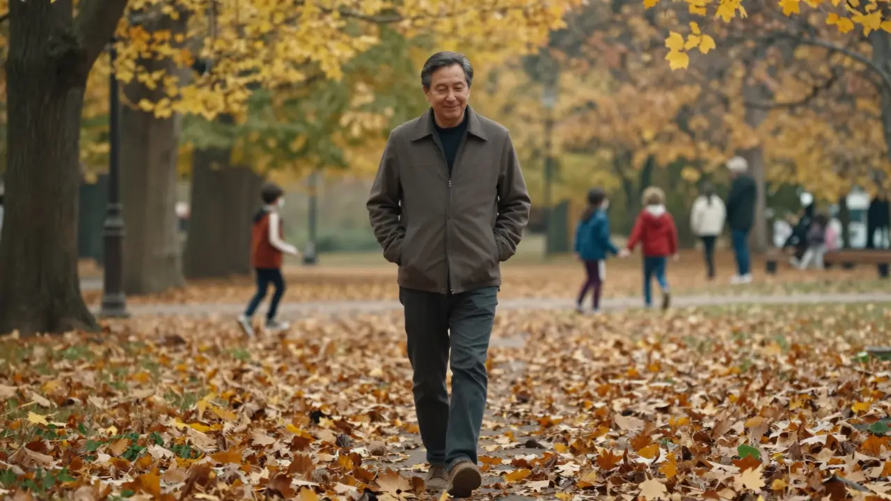 Člověk pomalu prochází parkem v podzimu, bez sluchátek, s mírným úsměvem.