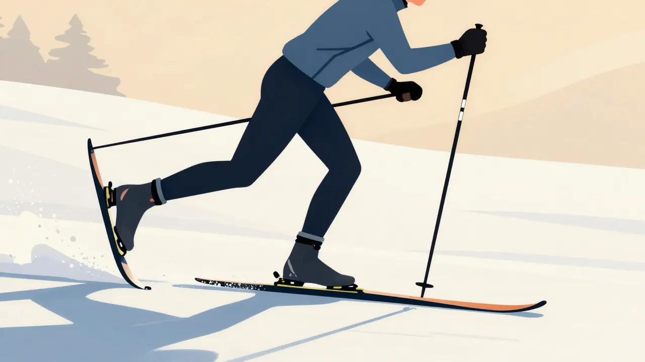 Člověk v pohybu tlačí běžkou bočně vzad, tyčky klouží po sněhu, sníh vznáší se kolem nohou.