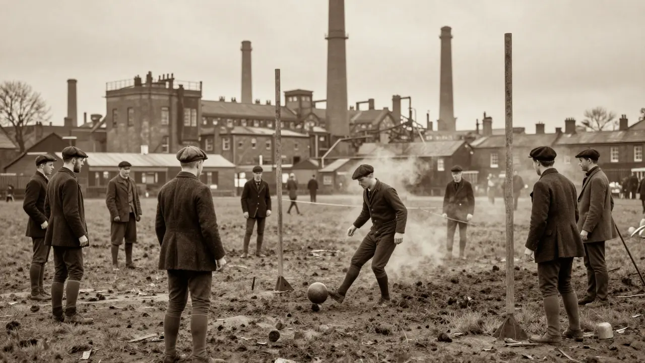Dělníci hrají fotbal na louce za továrnou v Sheffieldu roku 1857.