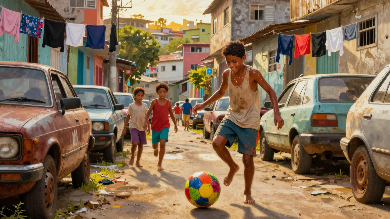 Děti hrají fotbal na ulici v brazílské favelě, jeden chlapec dribluje s radostí.