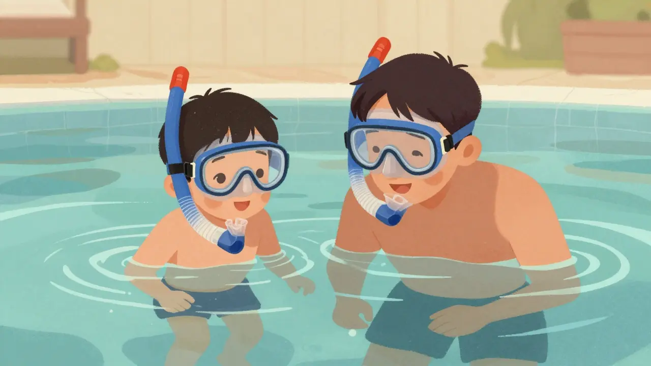 Dítě a dospělý společně pod vodou s maskami, usměvají se a pozorují hloubku.