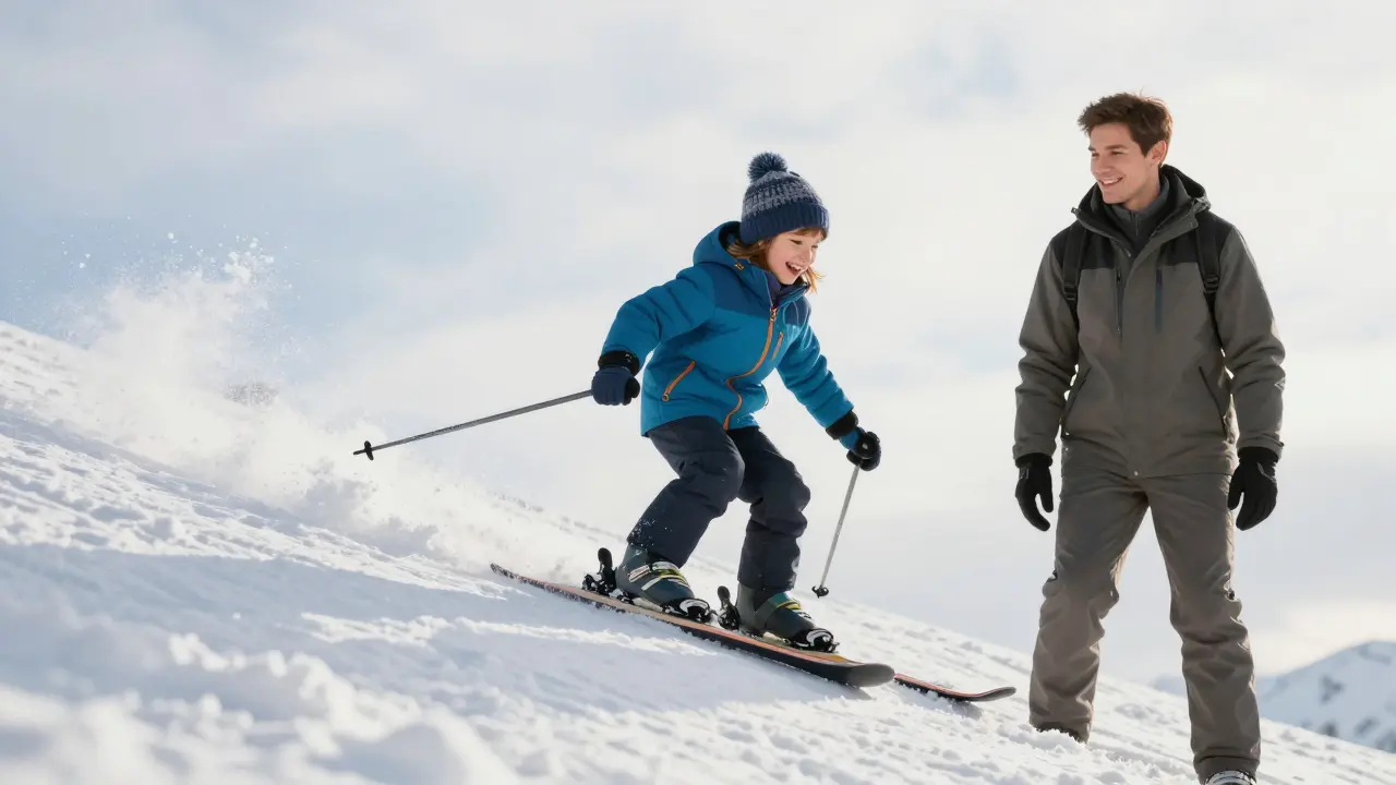 Dítě s úsměvem sjíždí malý svah samostatně, rodič čeká klidně na konci cesty.