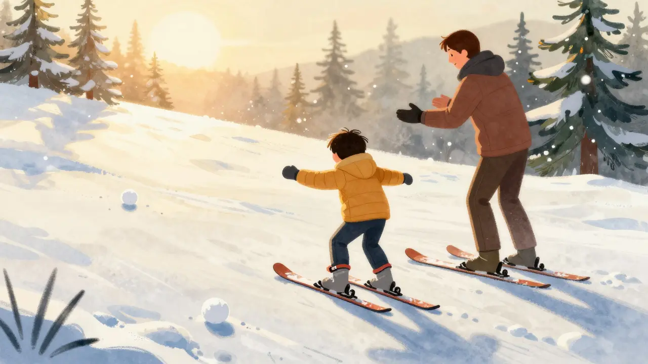 Dítě se učí zastavovat a otáčet na lyžích na mírném svahu, rodič ho pozoruje z blízka.