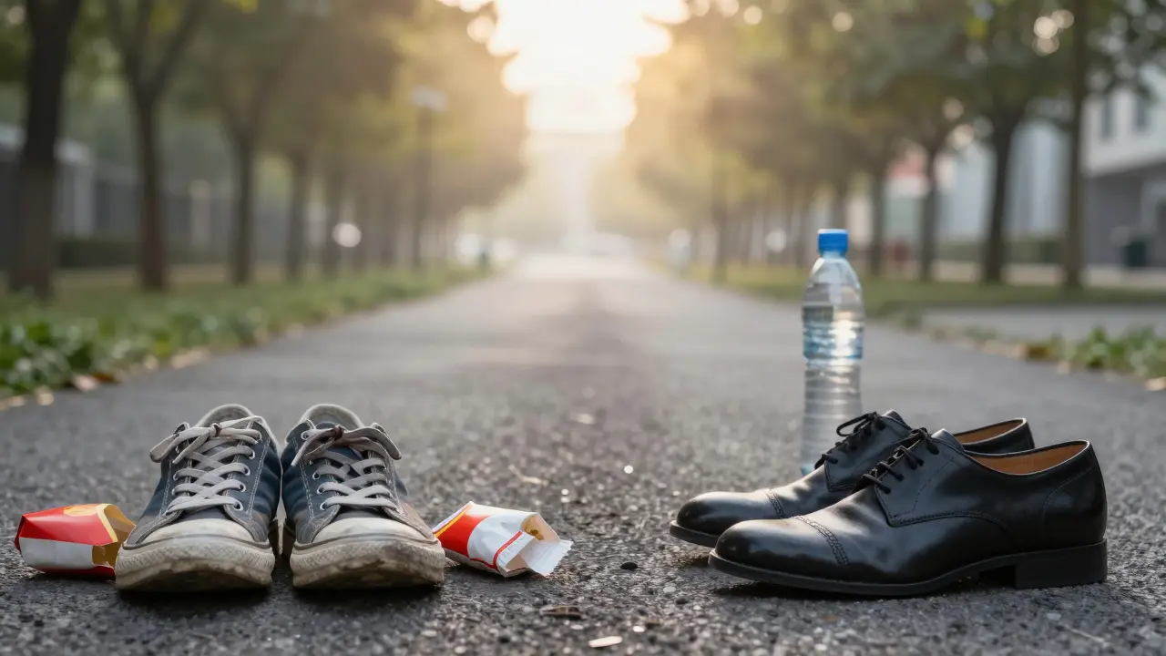 Dvě cesty: jedna s rychlým jídlem a obrazovkami, druhá s přírodou a sluncem — symbol volby zdravého života.