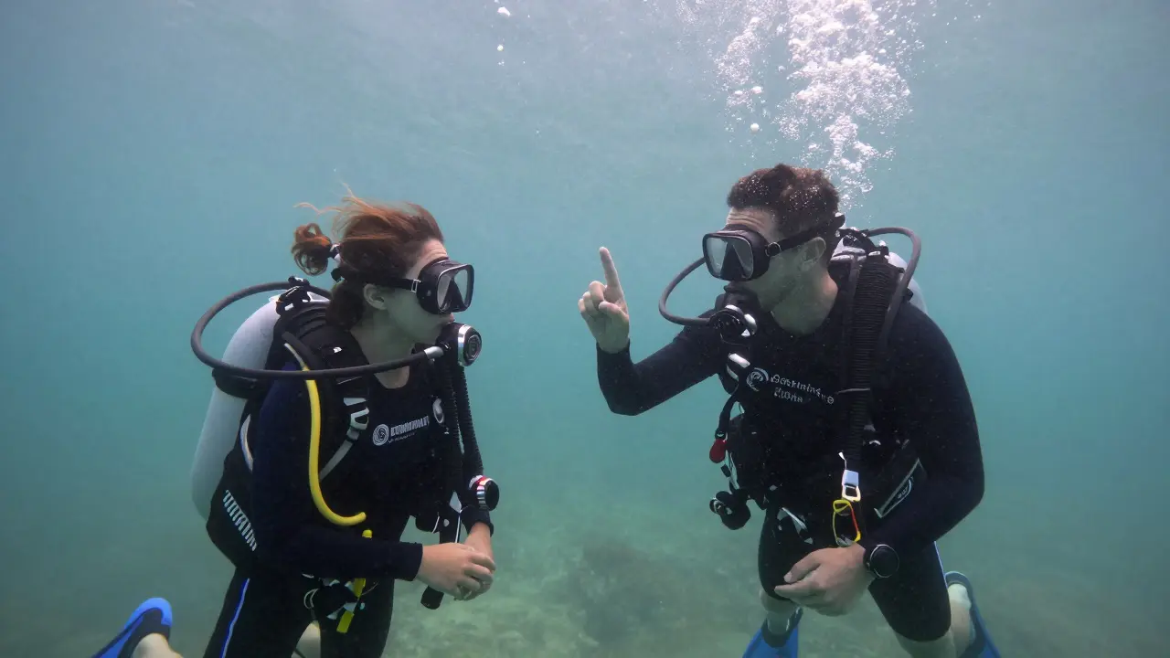 Instruktor ukazuje potápěči podvodní signál rukou.