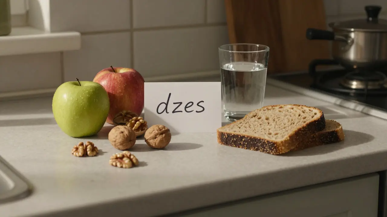 Jednoduchá svačina z ovoce a ořechů na dřevěné podložce, bez dietních balíčků, jen pravdivé jídlo.