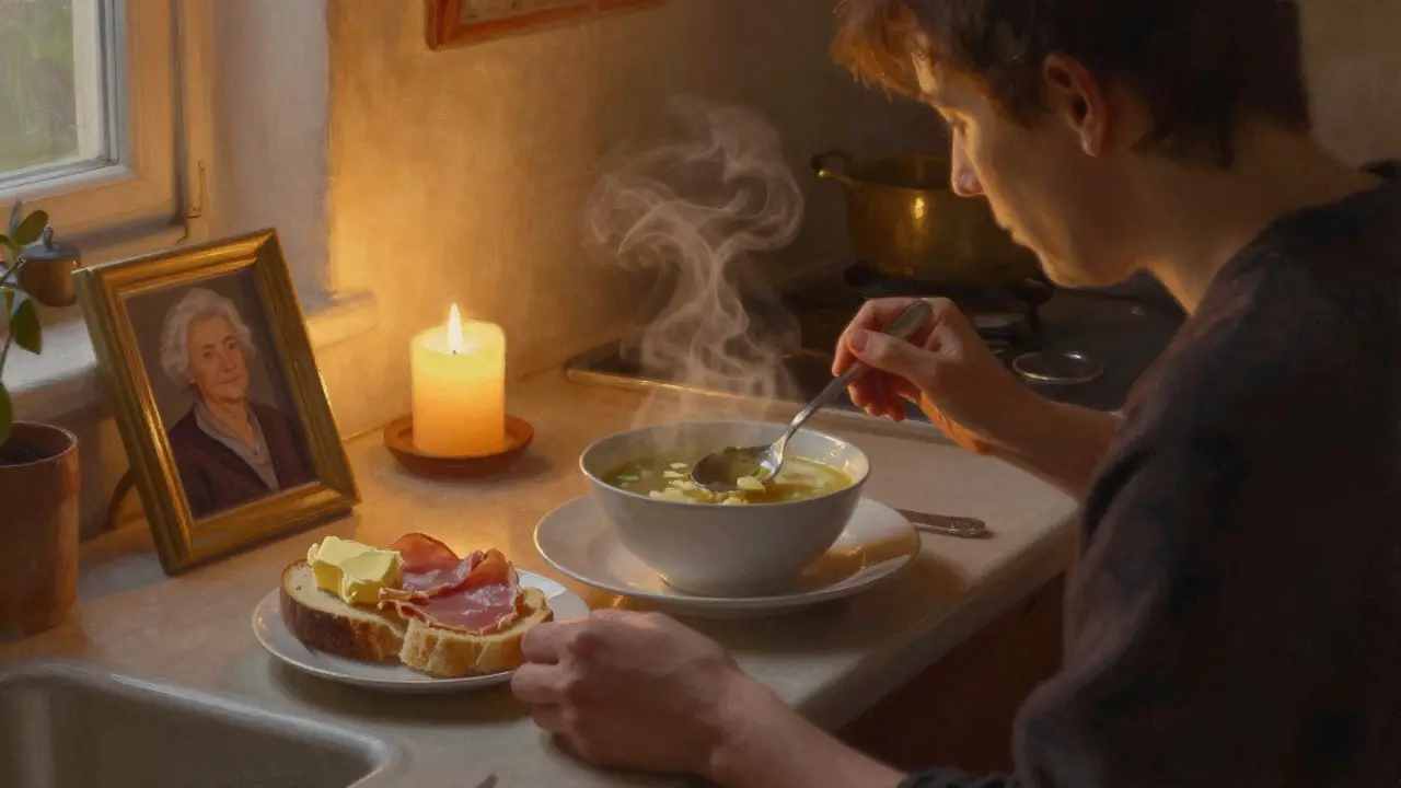 Jídlo v kuchyni při svíčkách, bez technologií, s fotografií babičky na stole.