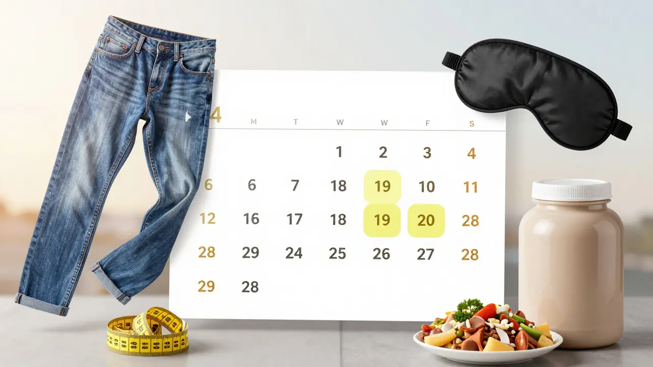 Kalendář s dny 14–28 označenými zlatě, kolem něj oděv, metr a jídlo.