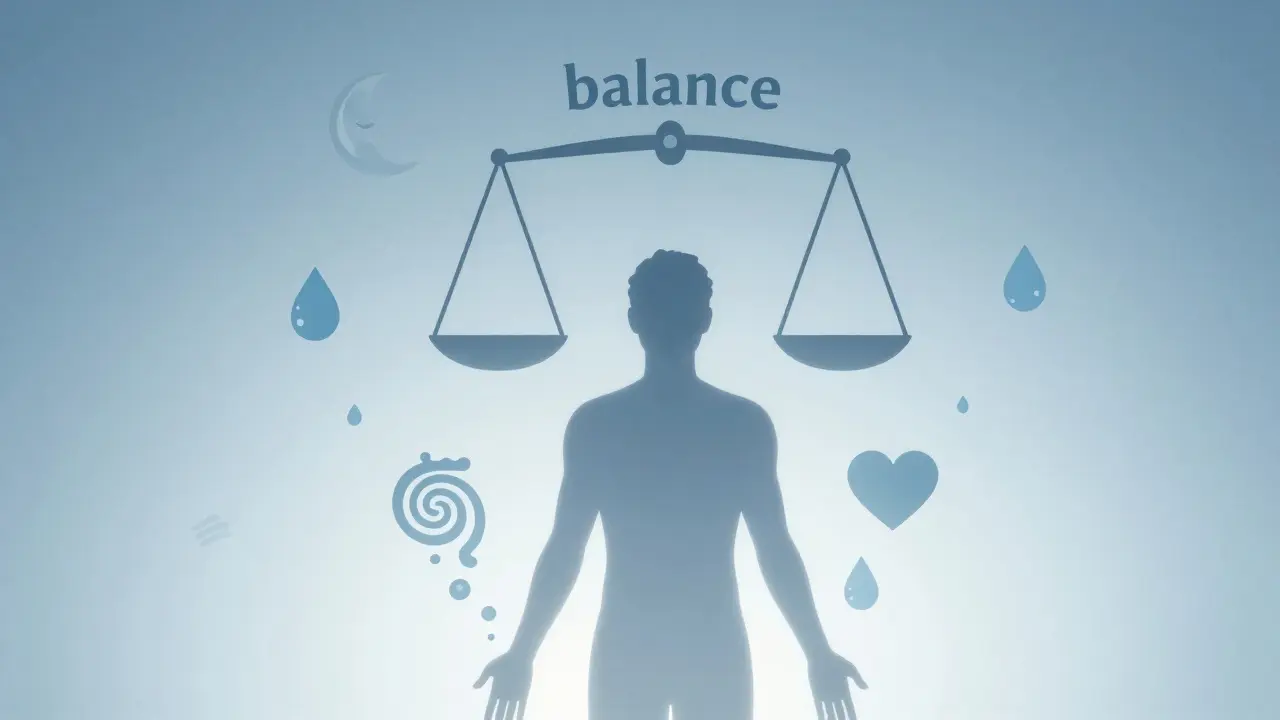 Koncepční obrázek lidského siluetu obklopeného symboly spánku, vody a rovnováhy.
