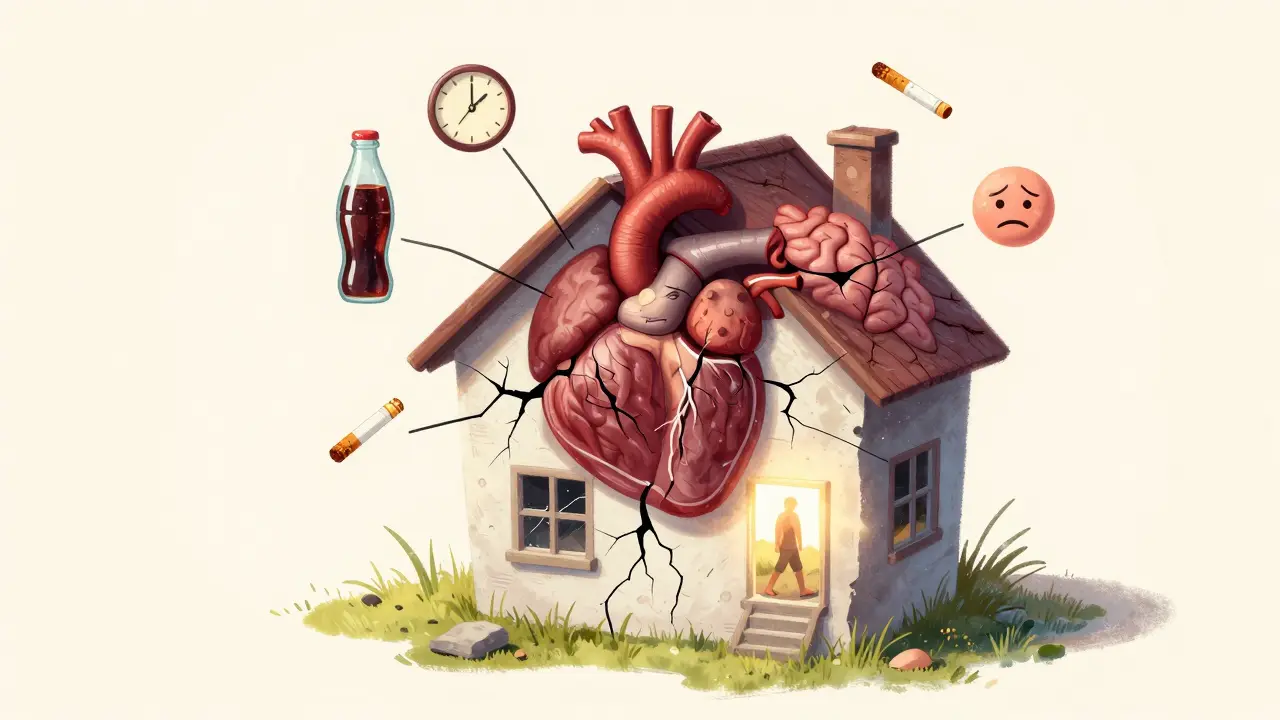 Lidské tělo jako zřícivý dům s poškozenými orgány, zatímco malé světlo značí nádech naděje.