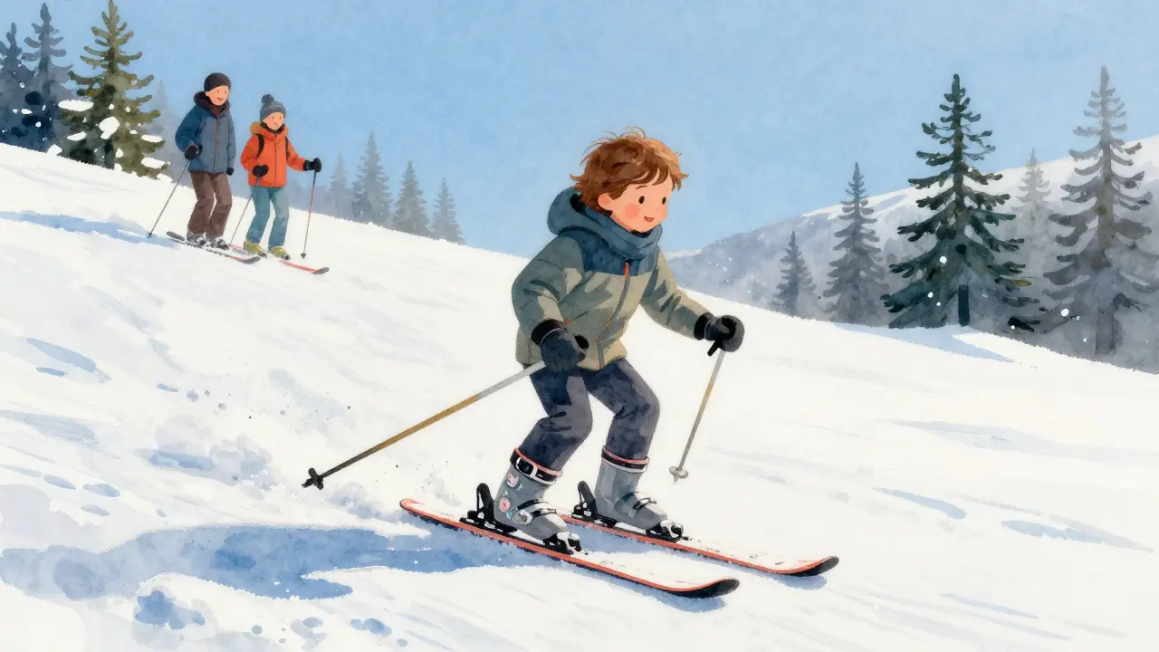 Malé dítě klouže na krátkých lyžích na mírném svahu, rodiče ho pozorují.