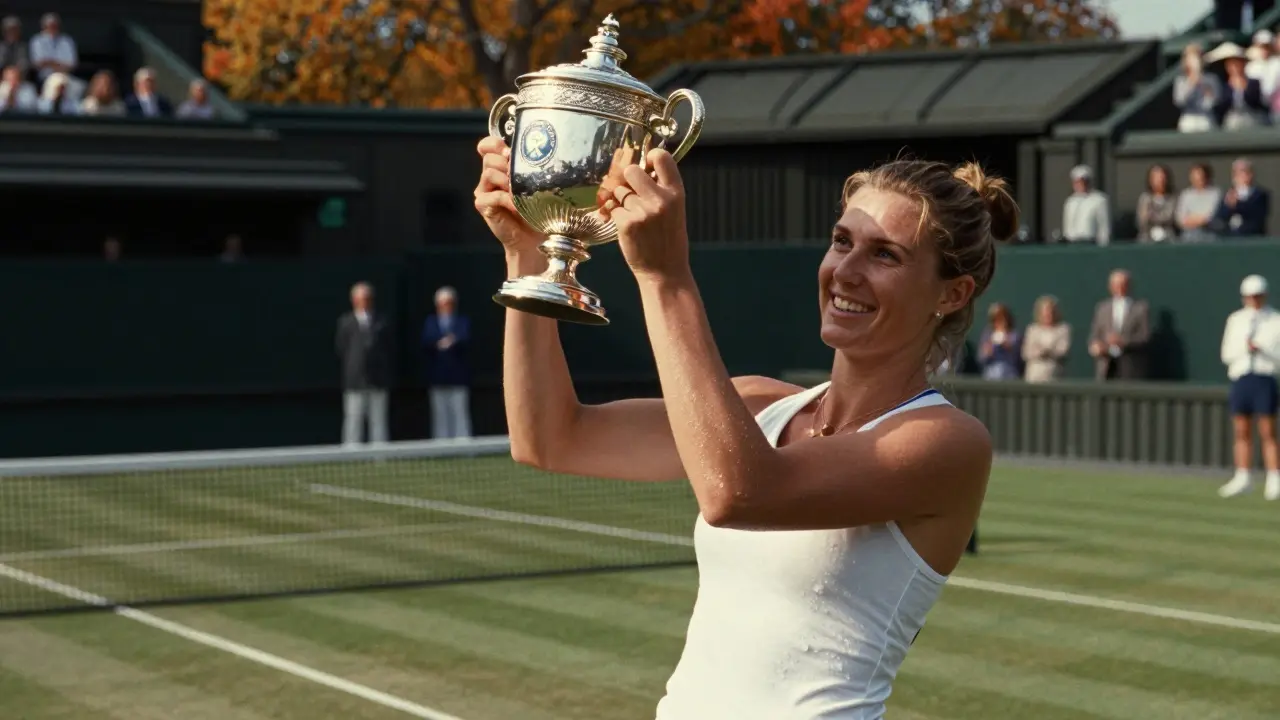 Martina Navratilova drží trofej ve smíšené čtyřhře na Wimbledonu v roce 1987, směje se slunci.