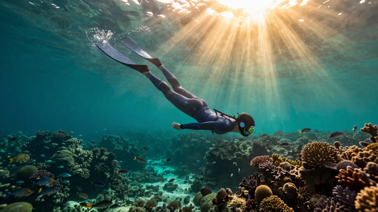 Moderní potápěč plave mezi korálovými útesy pod slunečním světlem ve vodě.