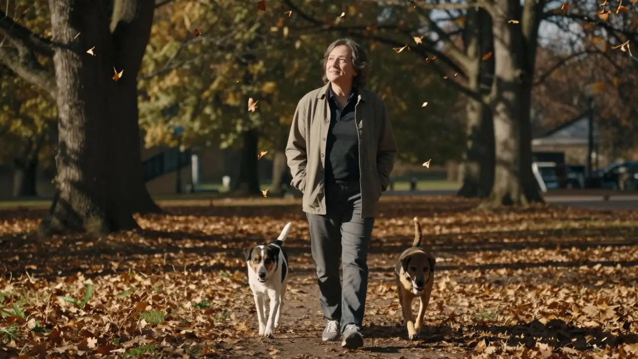 Muž prochází pod listnatými stromy v parku v podzimním světle, zvuky přírody kolem něj.