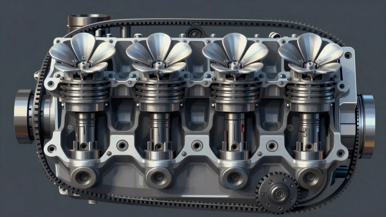 Náčrt motoru 16V s viditelnými ventily, hřídeli a řemeny v technickém stylu.