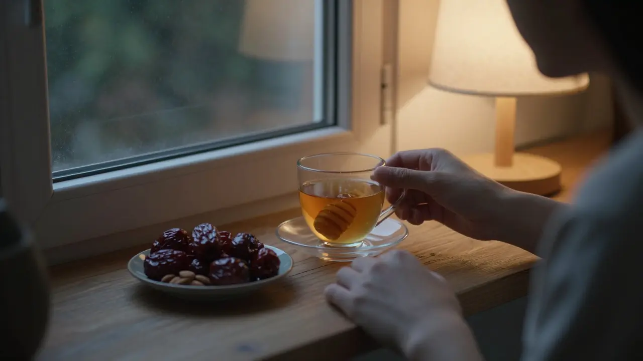 Osoba pije teplý čaj s medem večer u okna s sušeným ovocem na talířku.