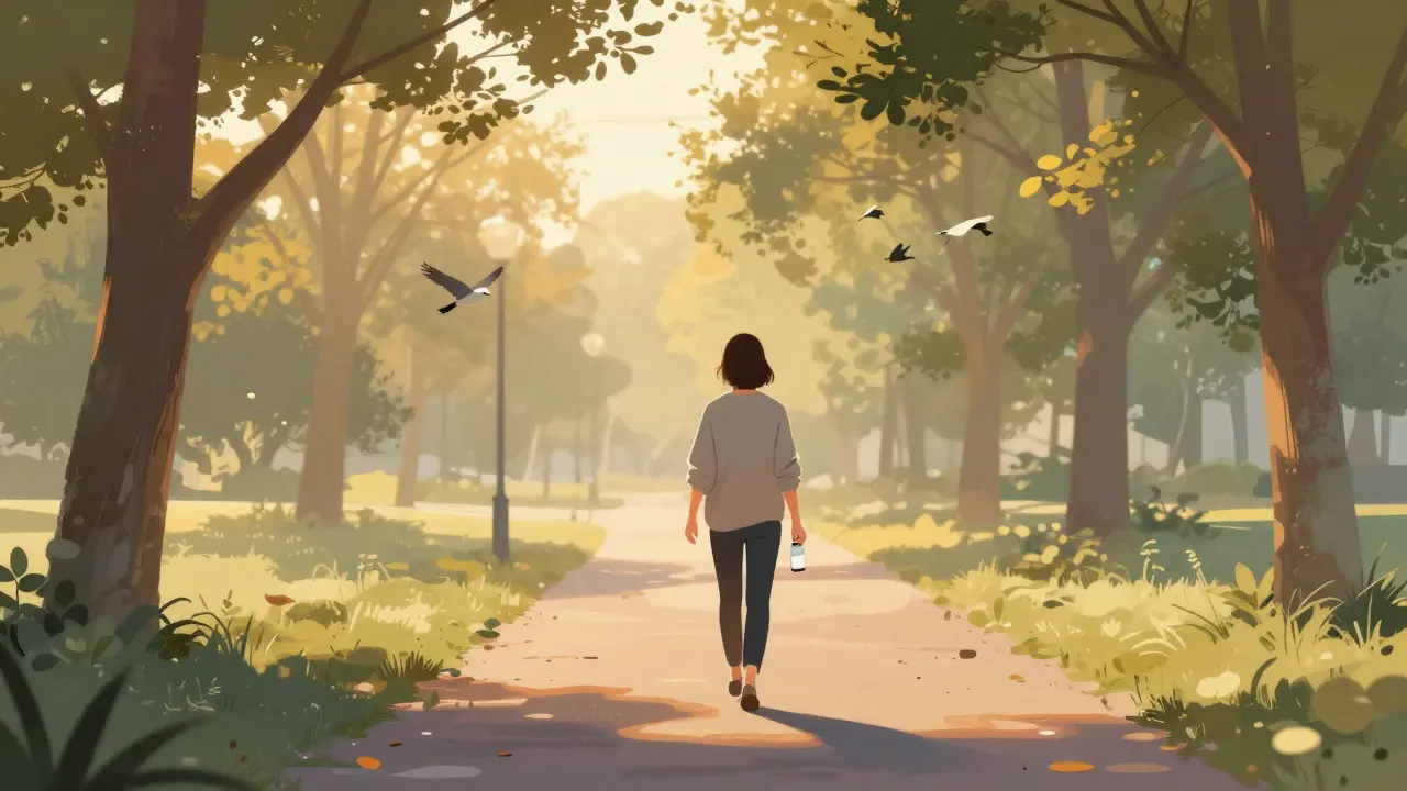 Osoba se klidně prochází v parku za svítání, drží láhev vody.