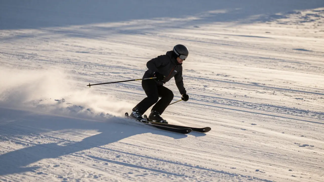 Pokročilý lyžař provádí klouzavou brzdu: jedna běžka kolmo k směru jízdy, druhá pokračuje v klouzání.