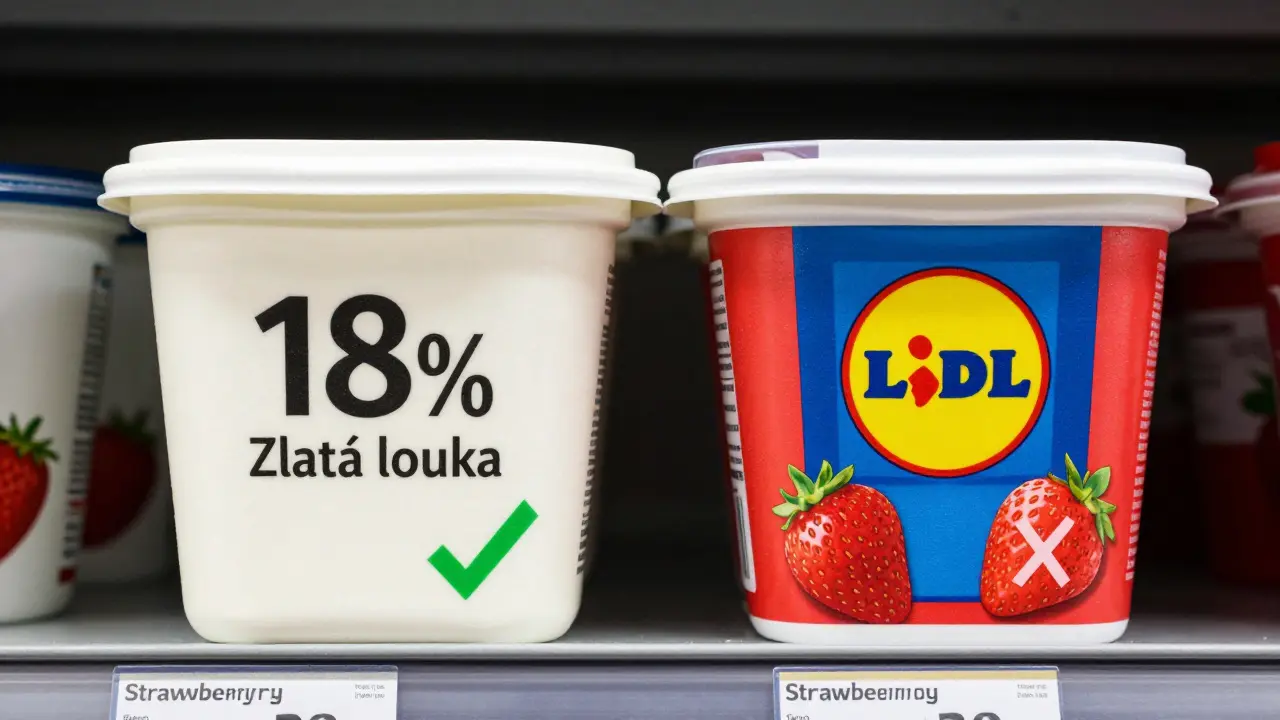 Porovnání čistého a slazeného tvarohu na regálu v obchodě