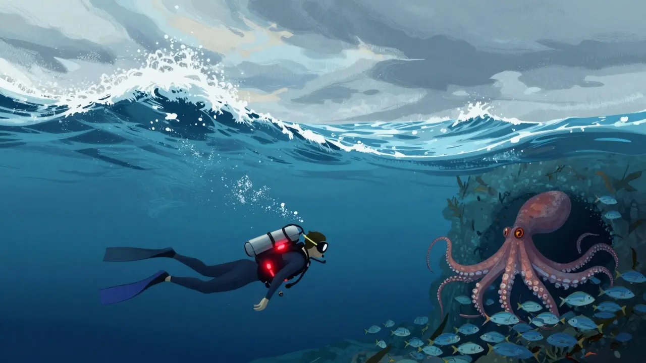 Potápěč klidně plave v hloubce 15 metrů u Navarino Bay, kde podvodní proudy unášejí ryby a octopus se skrývá v útesech.