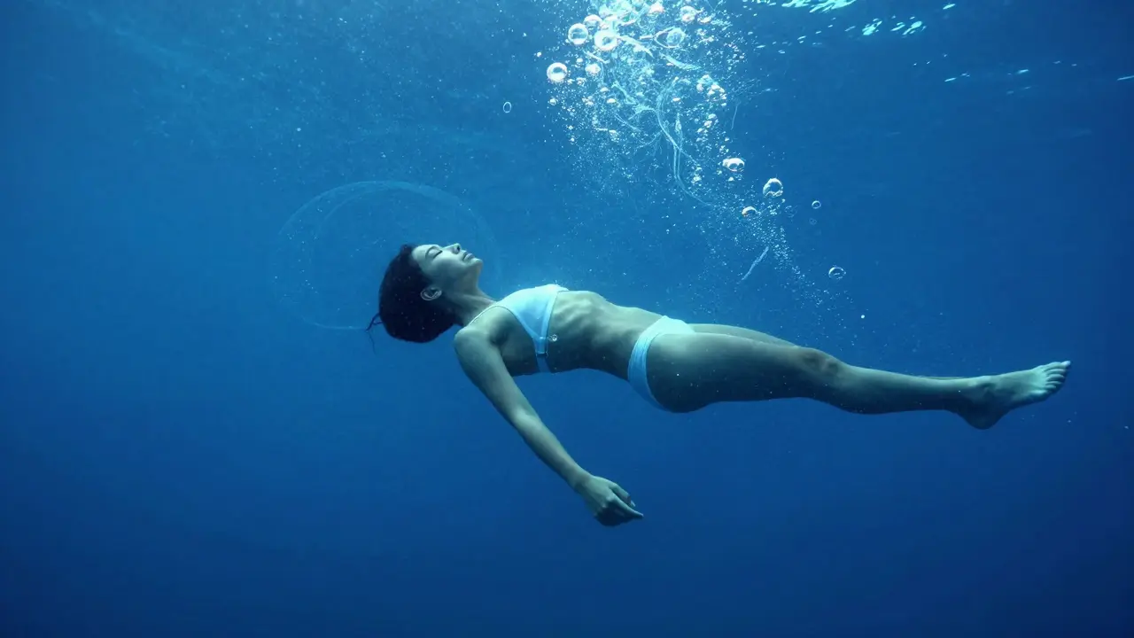 Potápěč klidně visí ve vodě, oči zavřené, symbolizující klid a vnitřní mír.