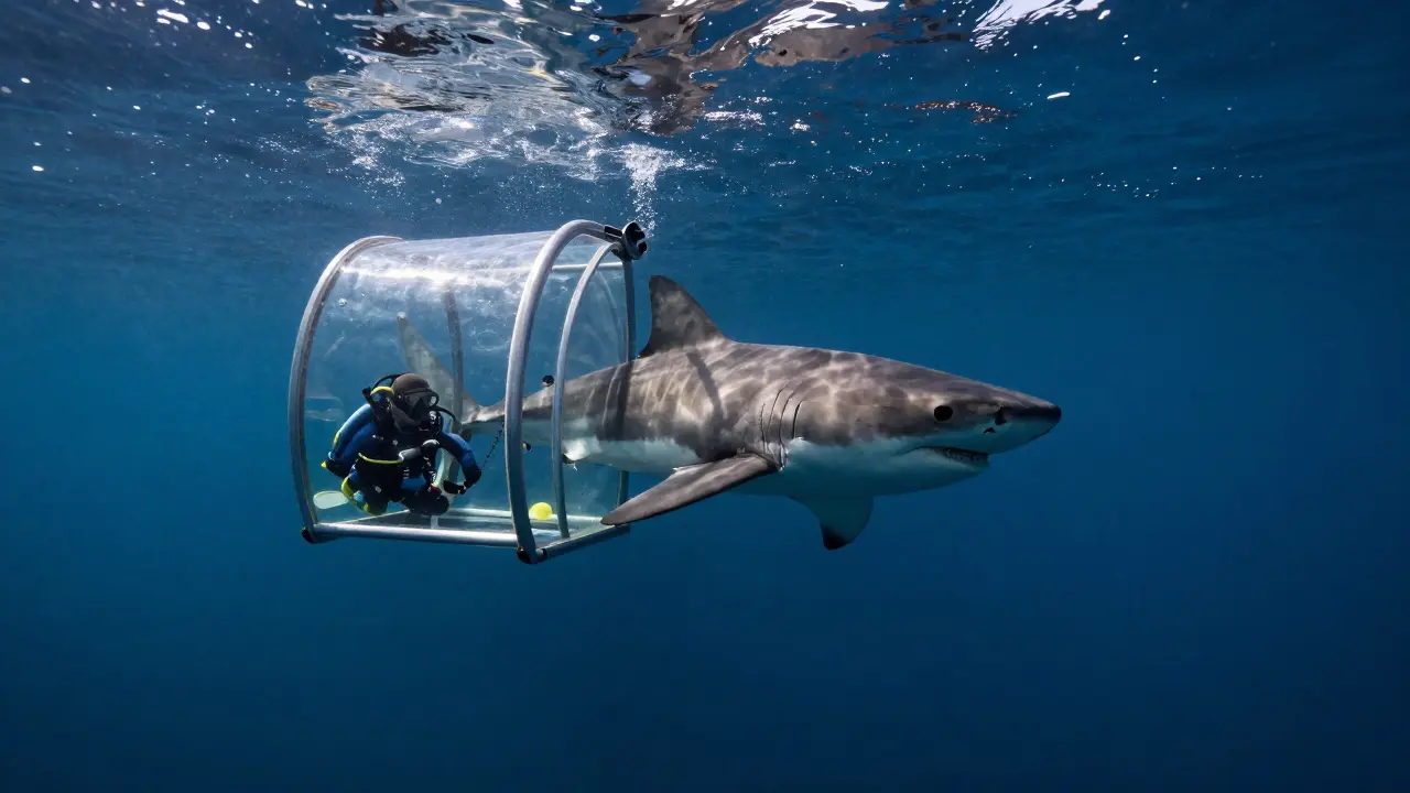 Potápěči v kleci u Jižní Afriky, kde velký bílý žralok plave kolem.
