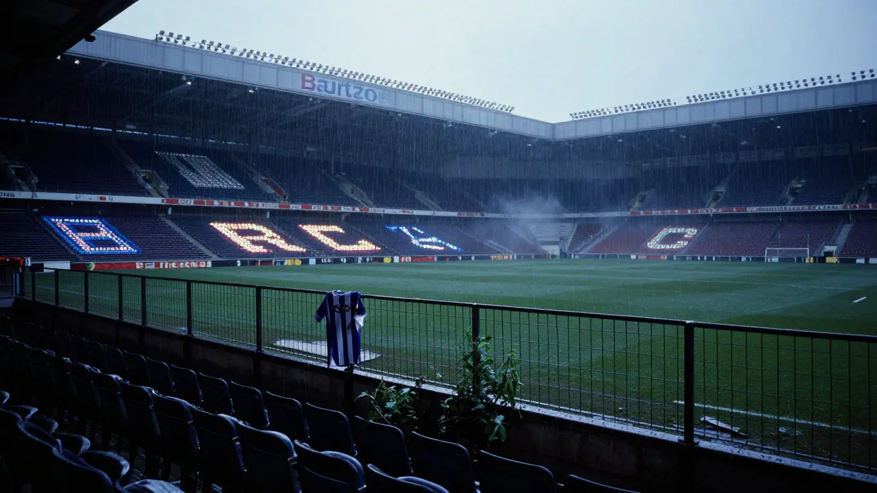 Prázdný anglický fotbalový stadion s opuštěnými sedačkami a přežívajícími plakáty.
