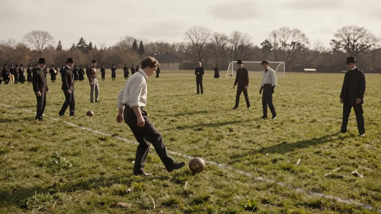 První oficiální fotbalový zápas mezi Barnes a Richmond v roce 1863, hráči bez brnek, s klasickými kalhotami.