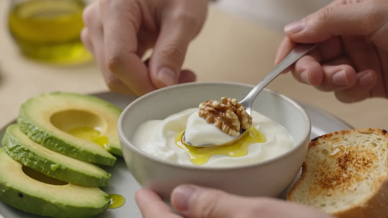 Ruce přidávají jogurt s medem a oříšky do mísečky s avokádem a olejem.