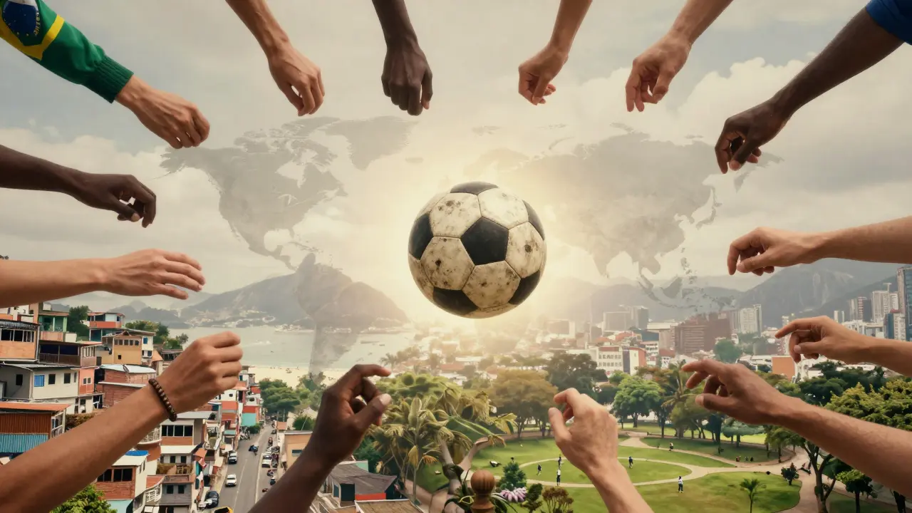 Ruce z celého světa kopou stejný míč, symbolizující globální šíření fotbalu.