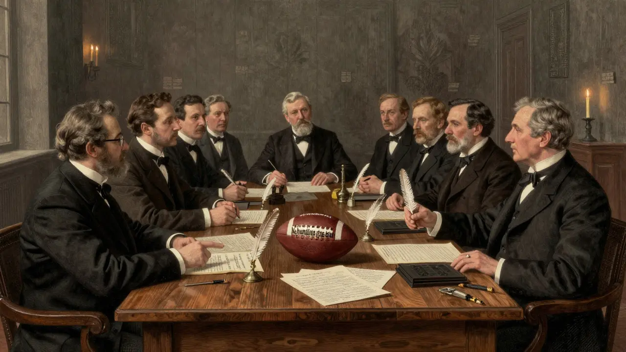 Skupina mužů v 19. století schází v Londýně, aby schválila první pravidla fotbalu bez chytání míče.