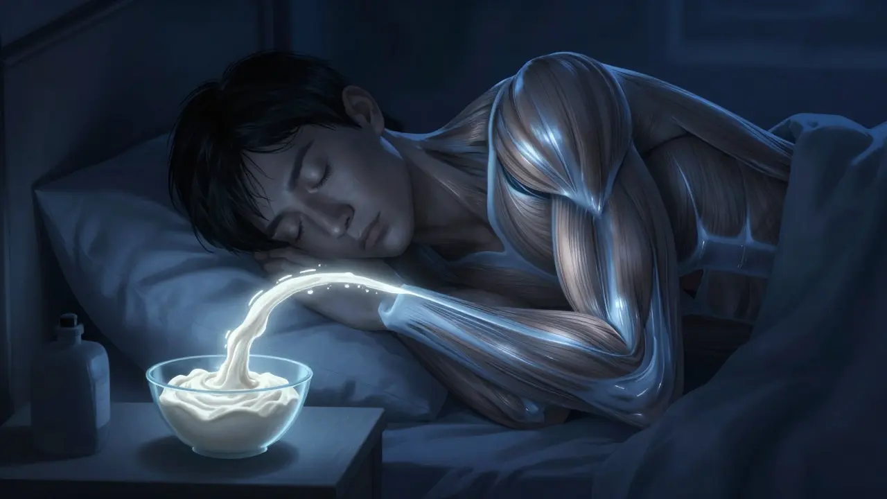 Spící člověk s proudem bílkovin z tvarohu tekoucím do těla během noci.