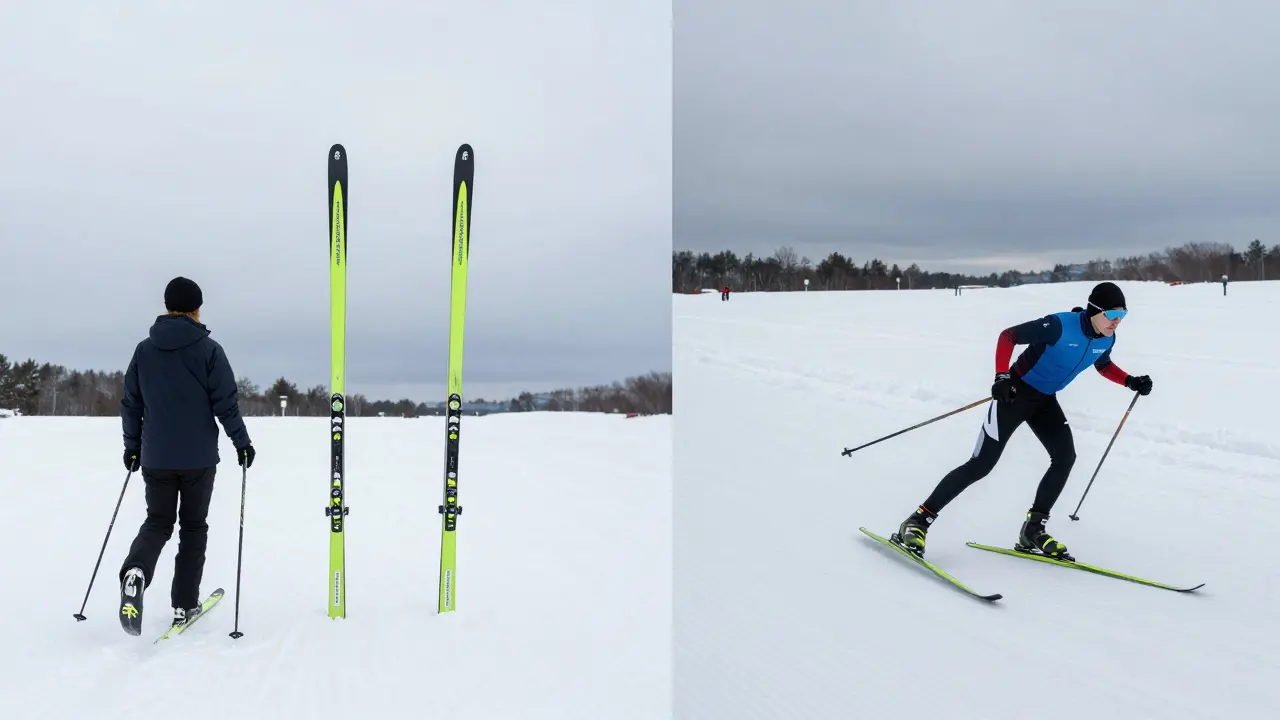 Srovnání klasických a bruslicových lyží na sněhu – délka, šířka a povrch lyží jsou viditelně odlišné.