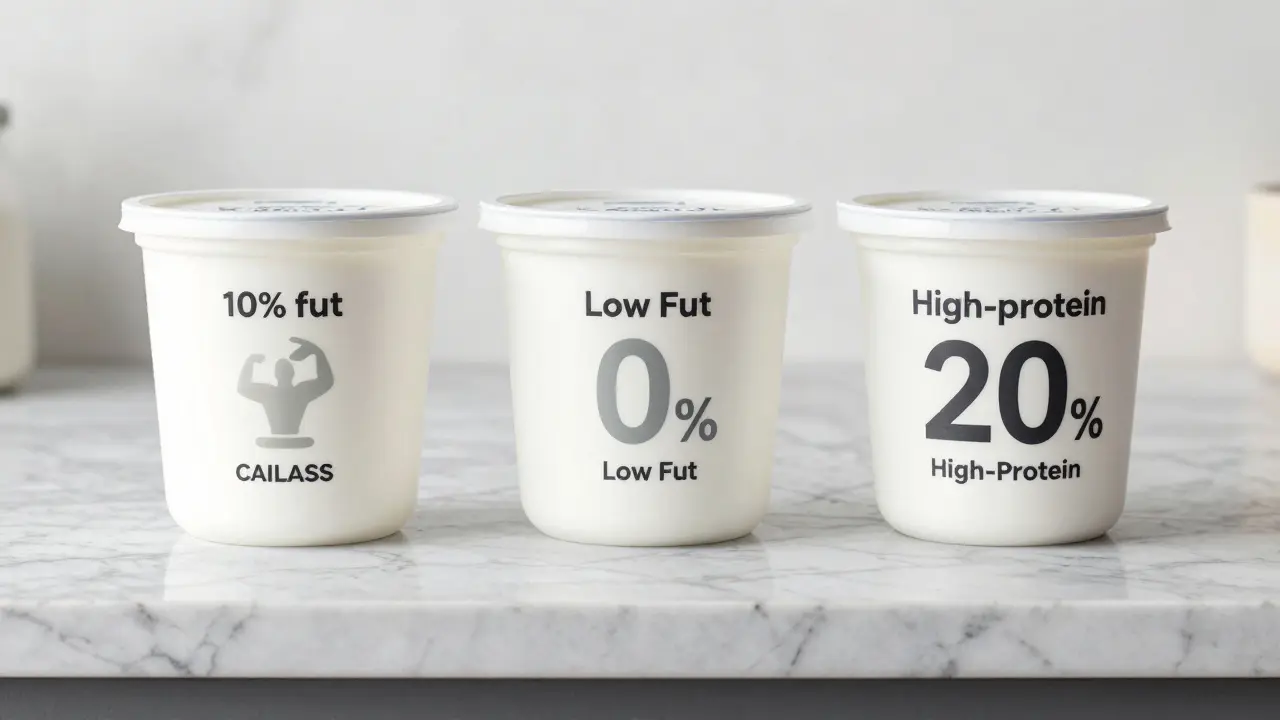 Tři druhy tvarohu s ikonami ukazujícími jejich vliv na svaly a tuk.