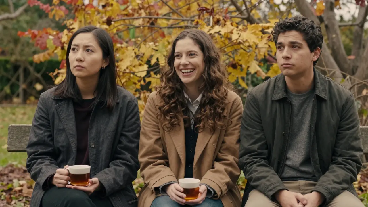 Tři lidé sedí na lavičce v zahradě, klidně se navzájem spolu spojují, bez telefonů.