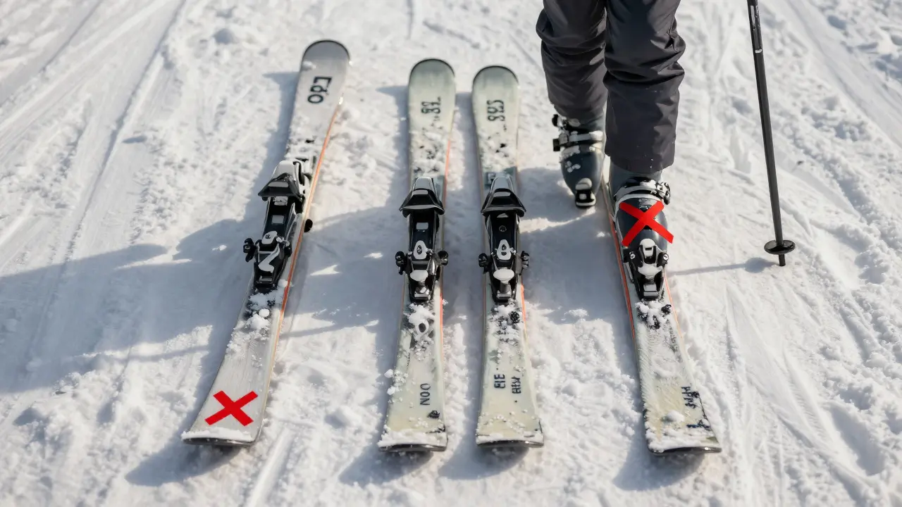 Tři páry lyží: správné, příliš dlouhé a s nesprávným závěsem, označené křížky.